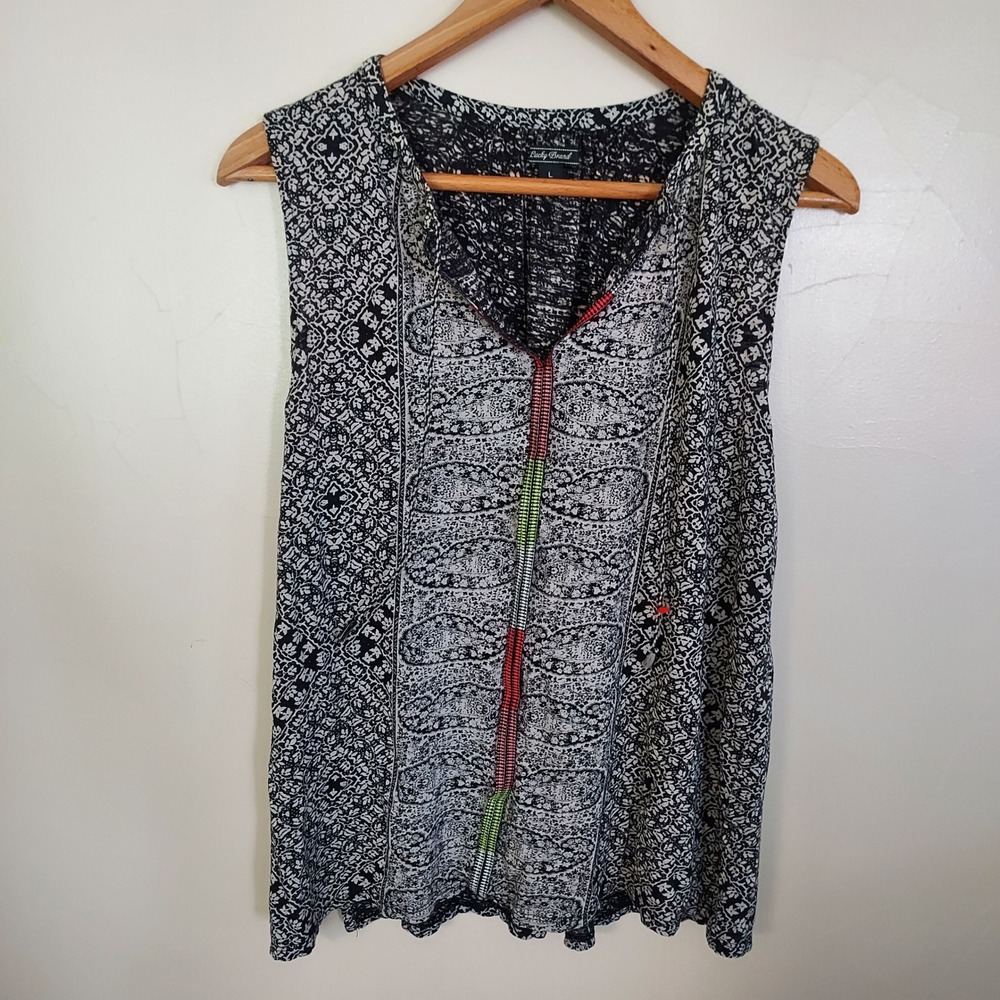 Lucky Brand Black Cream Sleeveless Bohemian Paisley Print Tunic Blouse Large